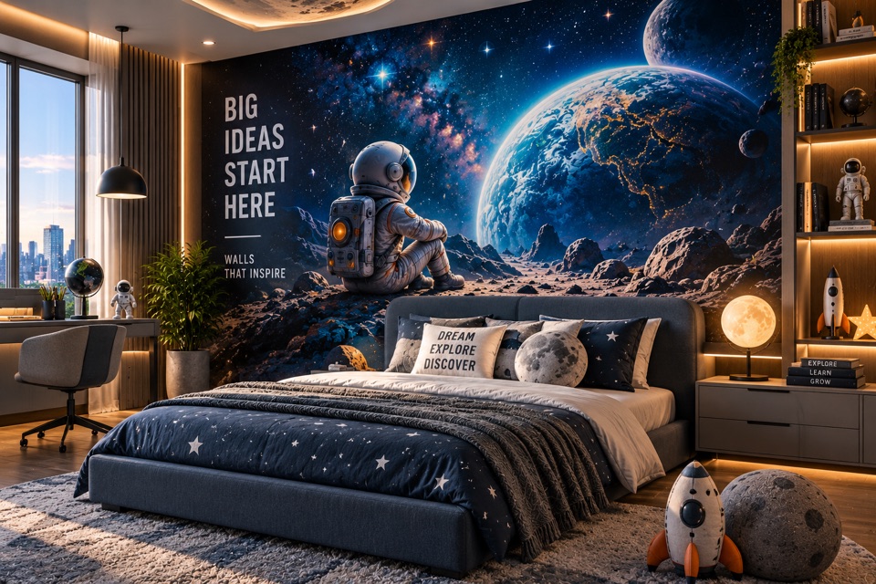 Concept bedroom with an immersive outer space wall mural