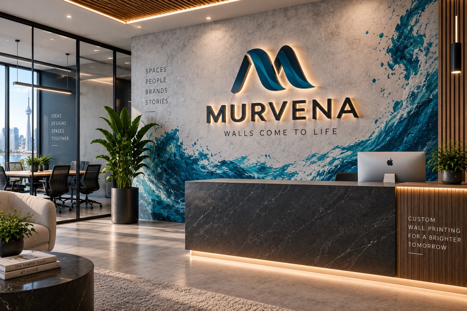 Concept reception area with a custom logo wall print