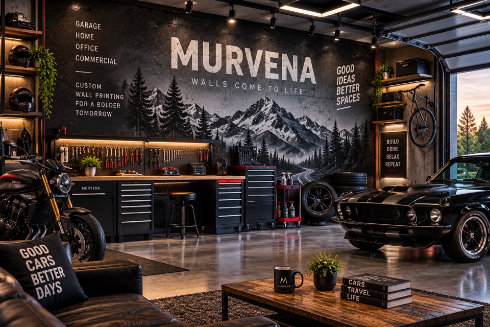 Concept garage with a monochrome mountain wall mural