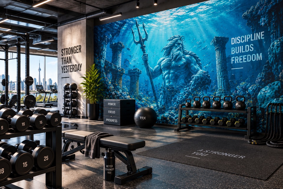 Concept gym with a dramatic underwater statue mural