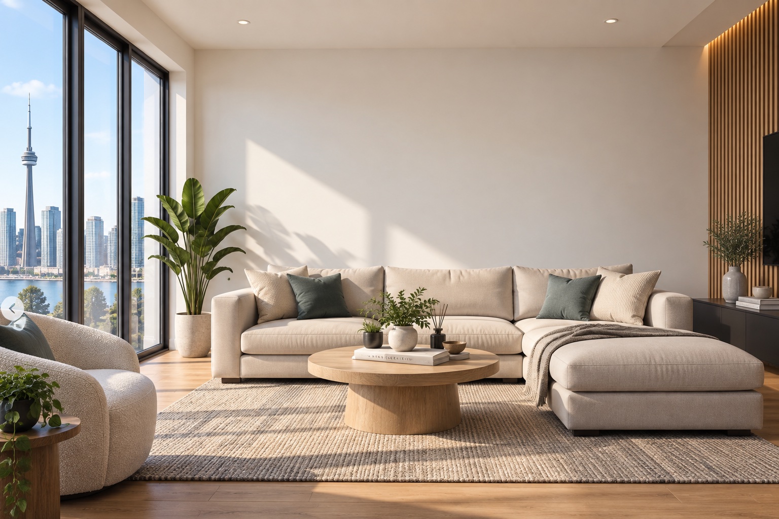 Bright Toronto living room before a custom wall mural