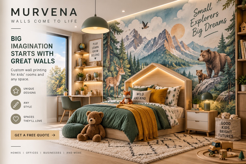Concept kids bedroom with a mountain and wildlife wall mural