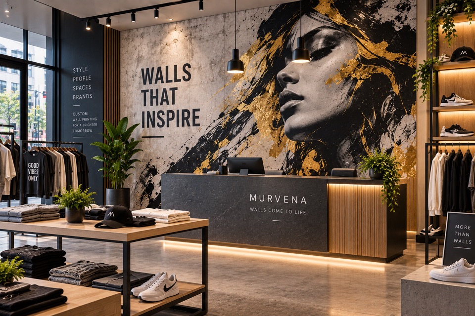 Concept retail store with a black and gold portrait mural
