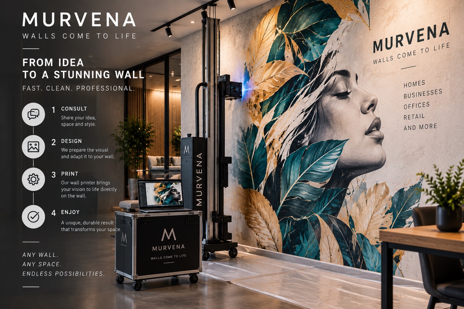 Concept visualization of a direct-to-wall printer creating a large botanical mural